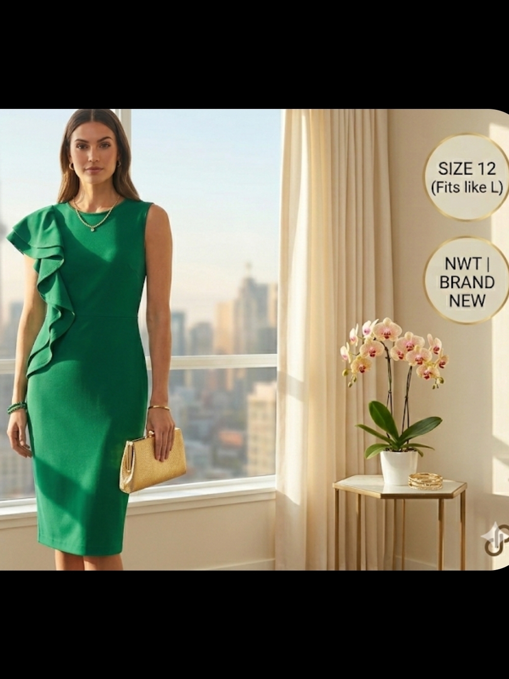 Elegant Emerald Green Crew Neck Midi Dress with Vertical Ruffle - Size 12 (Tag 6